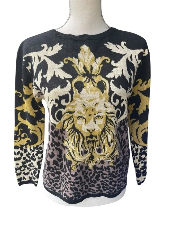 MINKPINK Black Multi Gold Metallic Lion Baroque Knit Sweater (XS) - Picture 4 of 14
